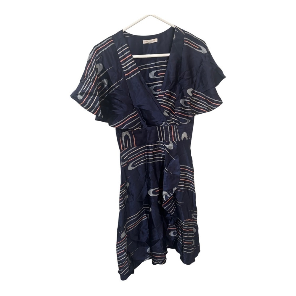 Coreylynn Carter blue satin abstract retro print flutter sleeve dress size 4